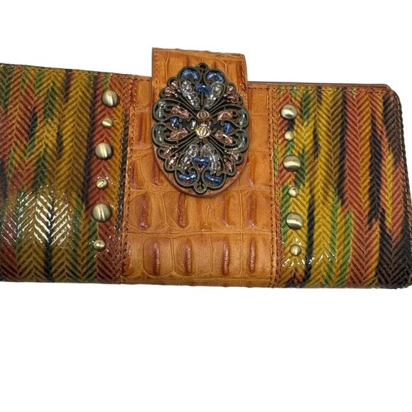 Sharif jeweled beaded print leather trifold wallet Vintage Artsy Brown multi - Picture 9 of 12